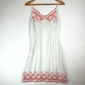 Shabby Chic Embroidered  Slip Mini Dress Scalloped Hem Swiss Dot Cottagecore